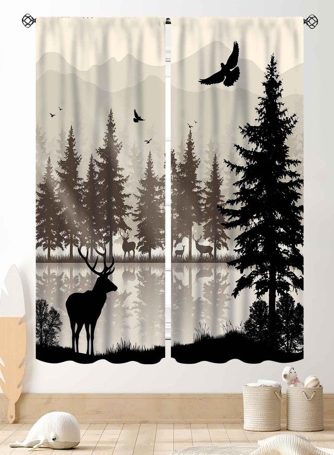 TKUYO Farmhouse Deer Curtains, Retro Rustic Forest Lake Pine Tree Silhouette Country Lodge Cabin Cottage Vintage Blackout Window Drapery Treatments for Kitchen Bedroom Living Room 2 Panels Set, 42"x45" Inch - Image 1